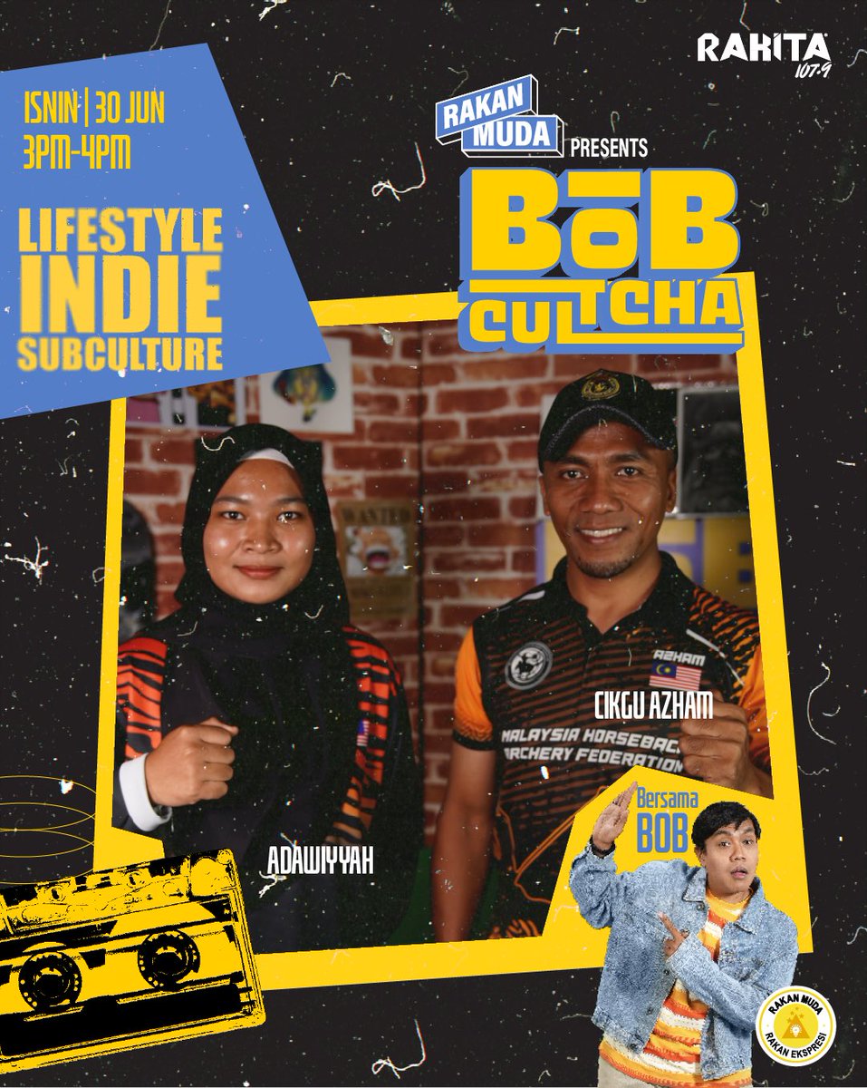 #BobCultcha petang ini nak lepak bersama Adawiyyatunnisa, srikandi yang lincah menyasar panah ke sasaran di atas kuda &amp; ayahnya Cikgu Azham, yang juga bekas atlet memanah berkuda 🐎 

Tune in <a href="/rakanmudaLAH/">Rakan Muda Official</a> Presents: BobCultcha