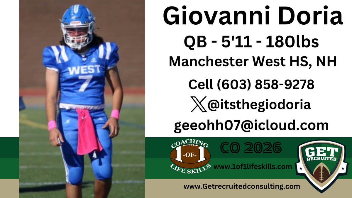 Giovanni Doria - CO 2026 - QB - 5'11, 180lbs - 3.3 GPA - Strong arm, athletic, extends plays, winner. Manchester West HS, NH. Player profile: app.productiverecruit.com/profile/giovan… <a href="/itsthegiodoria/">Giovanni "Gio" Doria '26</a> @1of1lifeskills <a href="/CurryFootball/">CurryFootball</a> <a href="/EndicottFB/">Endicott College Football</a> <a href="/hussonfootball/">Husson Football</a> <a href="/UNEfootball/">University of New England Football</a> @NCbison_FB <a href="/WNEFB/">WNE Football</a>