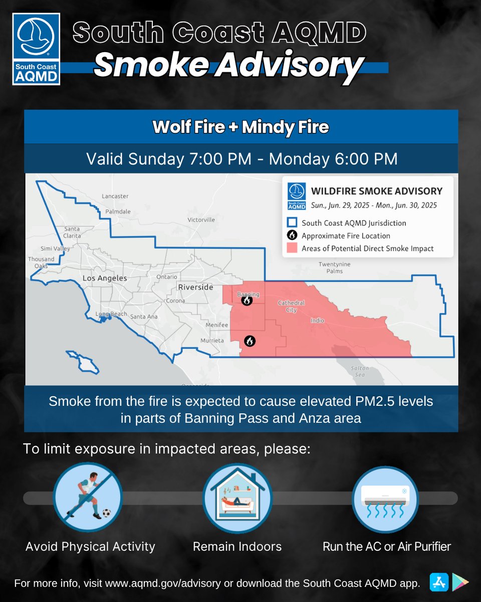 SouthCoastAQMD's tweet photo. SMOKE ADVISORY (Sunday, June 29 - Monday, June 30):
#WolfFire and #MindyFire burning in the Banning Pass and Anza Area is affecting air quality: https://t.co/Y158OoPtBX https://t.co/WJZurzBfFF