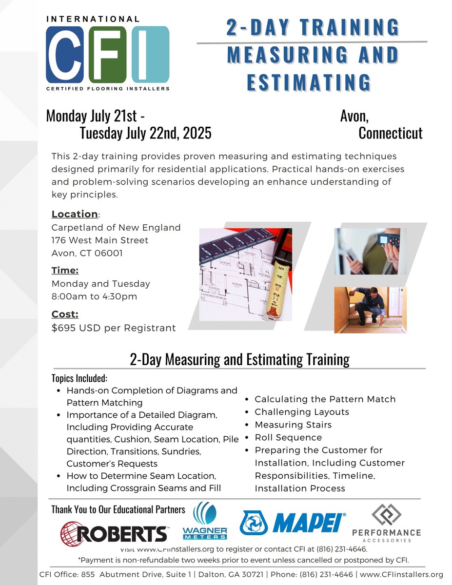 📏Don’t let your measuring and estimating skills fall short, crush every calculation and hit the bullseye 🎯 with CFI in Avon, CT!

📆Date: 07/21-07/22
📍Location: Avon, CT
➡Register today at cfiinstallers.org/events

Let’s measure up to excellence, see you in Avon!😎

#WeAreCFI