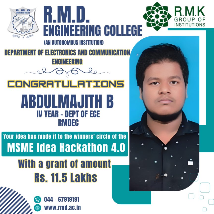 rmdecprincipal's tweet photo. We congratulate our student Abdulmajith B., a final year student of our ECE department, for his idea submitted in the MSME Idea Hackathon 4.0, which won a grant of Rs. 11.5 Lakhs.
#rmdec #rmdengineeringcollege #msmeideahackathon #hackahon4.0 #msme https://t.co/182XMLoiiR