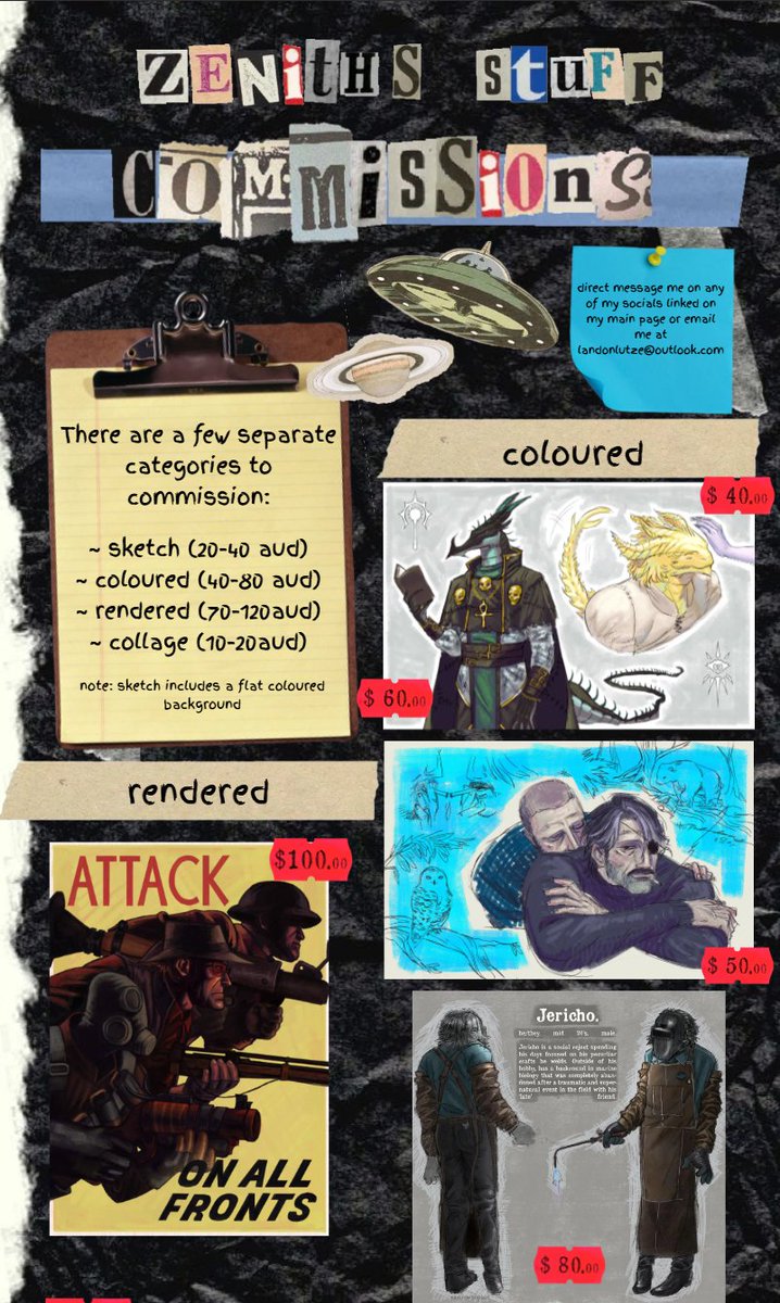 radcowboylad's tweet image. interested in some custom art? want your oc or fav character drawn? or maybe you want a cool discord banner and pfp in a collage style? or maybe some wall art? here is my com info!
zenithsstuff.straw.page/commissioninfo