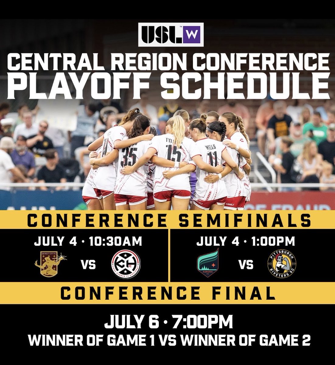 Triple header of Soccer this Friday July 4th at ⁦<a href="/highmarkstadium/">Highmark Stadium</a>⁩ 

Two women’s playoff soccer matches as ⁦<a href="/RivetersSC/">Pittsburgh Riveters SC</a>⁩ try to advance to conference championship 

Then at 7. @Riverhounds and New Mexico United 

#Unleash