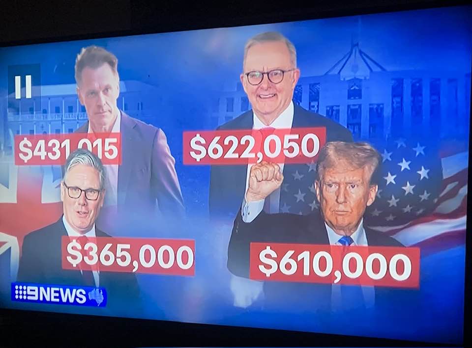 How's this for a joke. 

Albanese is the highest paid Politician in the world. 

Doesn't take into account his $450,000 for life taxpayer funded pension he's set to receive.