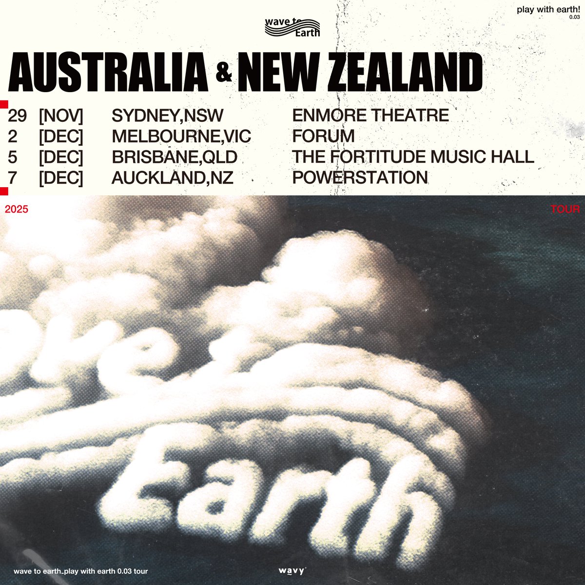 Australia and New Zealand we are bringing the 0.03 World Tour down under!

Presale tickets and VIP packages go live on Thursday, July 3 at 9am AEST. All tickets on sale Tuesday, July 8 at 9am AEST.

Sign up for early access to tickets in bio at events.seated.com/wave-to-earth