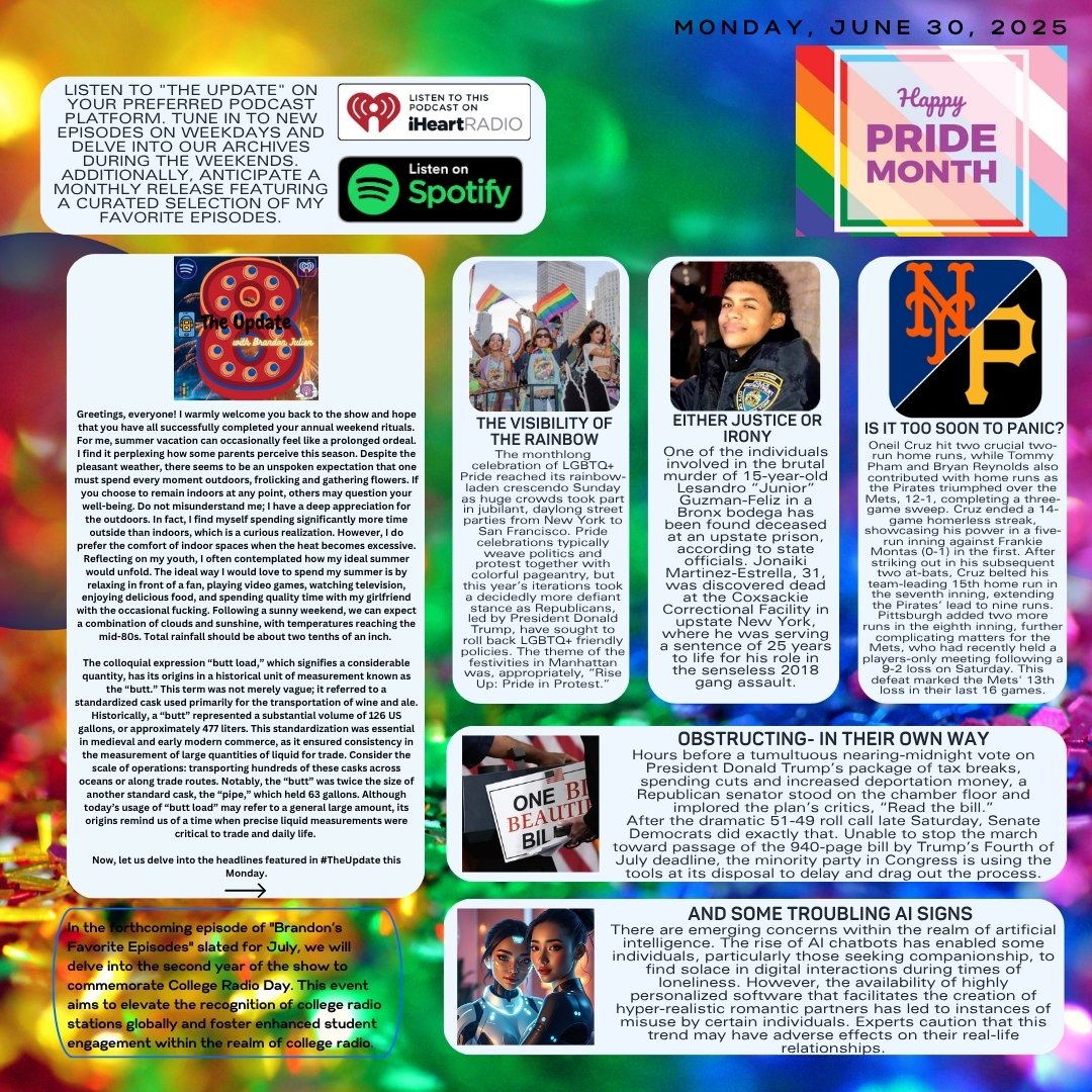 TheUpdateBJN's tweet photo. On Monday's edition of #TheUpdate, LGBTQ+ parades took place from coast to coast, one of the men who viciously beat Lesandro “Junior” Guzman-Feliz to death was found dead at an upstate prison, the Mets get swept by the Pirates, and there’s some trouble in AI paradise. 🎙️🗽 https://t.co/Yvi961Z48d