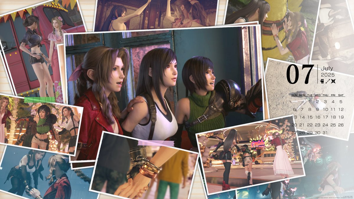 FFVIIR_CLOUD's tweet image. 今月のPC・スマホ用壁紙カレンダーは、こちら!
7月30日は #FriendshipDay(友情の日)だそうです!
旅の中でもっと深まったティファとエアリスの友情、そしてユフィとの新しい友情!🐬🎀🥷🤝✨
#FF7R #FF7リバース