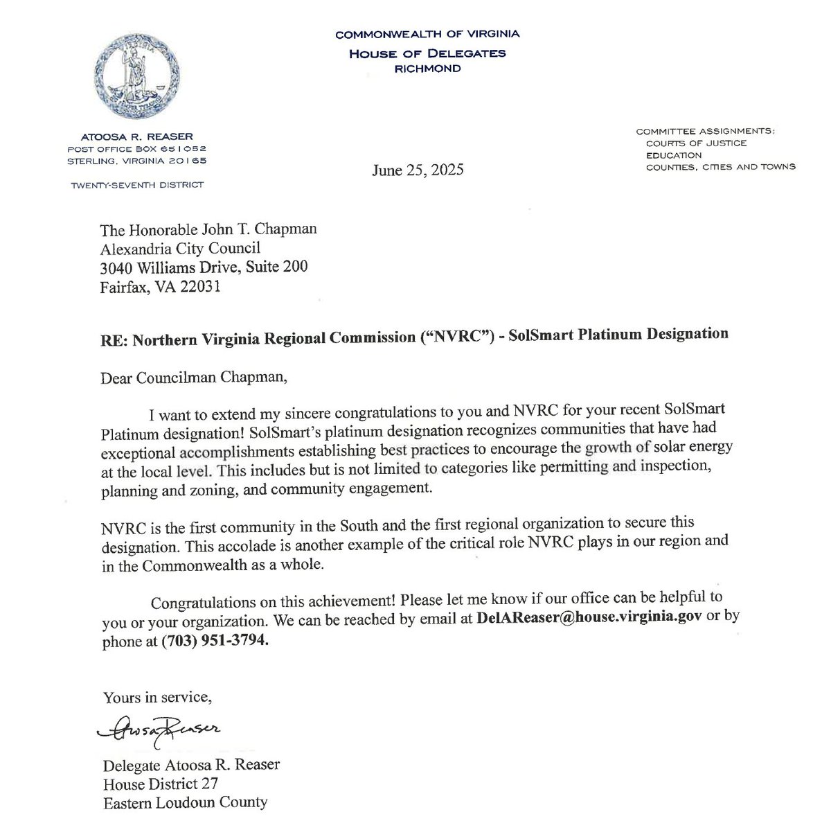 Northern Virginia Regional Commission ๐บ๐ธ (@novaregion) on Twitter photo Many thanks to Delegate <a href="/AtoosaReaser/">Delegate Atoosa Reaser</a> for the kind congratulatory note recognizing our <a href="/GoSolSmart/">SolSmart</a> Platinum designation in support of #solar in our region. <a href="/IRECUSA/">The Interstate Renewable Energy Council (IREC)</a> <a href="/ICMA/">ICMA</a> We are proud of our work with our local government partners and others. Many thanks to Delegate <a href="/AtoosaReaser/">Delegate Atoosa Reaser</a> for the kind congratulatory note recognizing our <a href="/GoSolSmart/">SolSmart</a> Platinum designation in support of #solar in our region. <a href="/IRECUSA/">The Interstate Renewable Energy Council (IREC)</a> <a href="/ICMA/">ICMA</a> We are proud of our work with our local government partners and others.