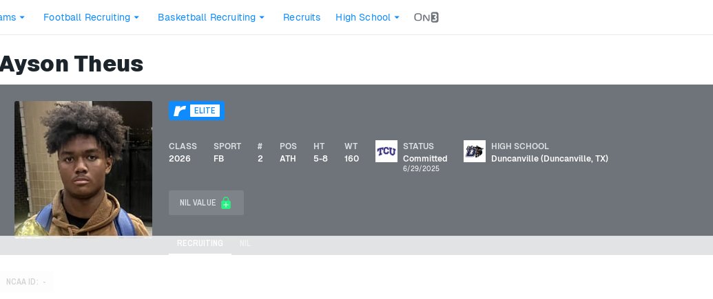 HuskerAI's tweet image. 2026 3 ⭐️ ATH Ayson Theus (5-8, 160, NIL Value: N/A) is now favored to land at the #Tcu Horned Frogs (68.7%) over the #Nebraska Cornhuskers (21.3%)

On3 profile: on3.com/rivals/ayson-t…