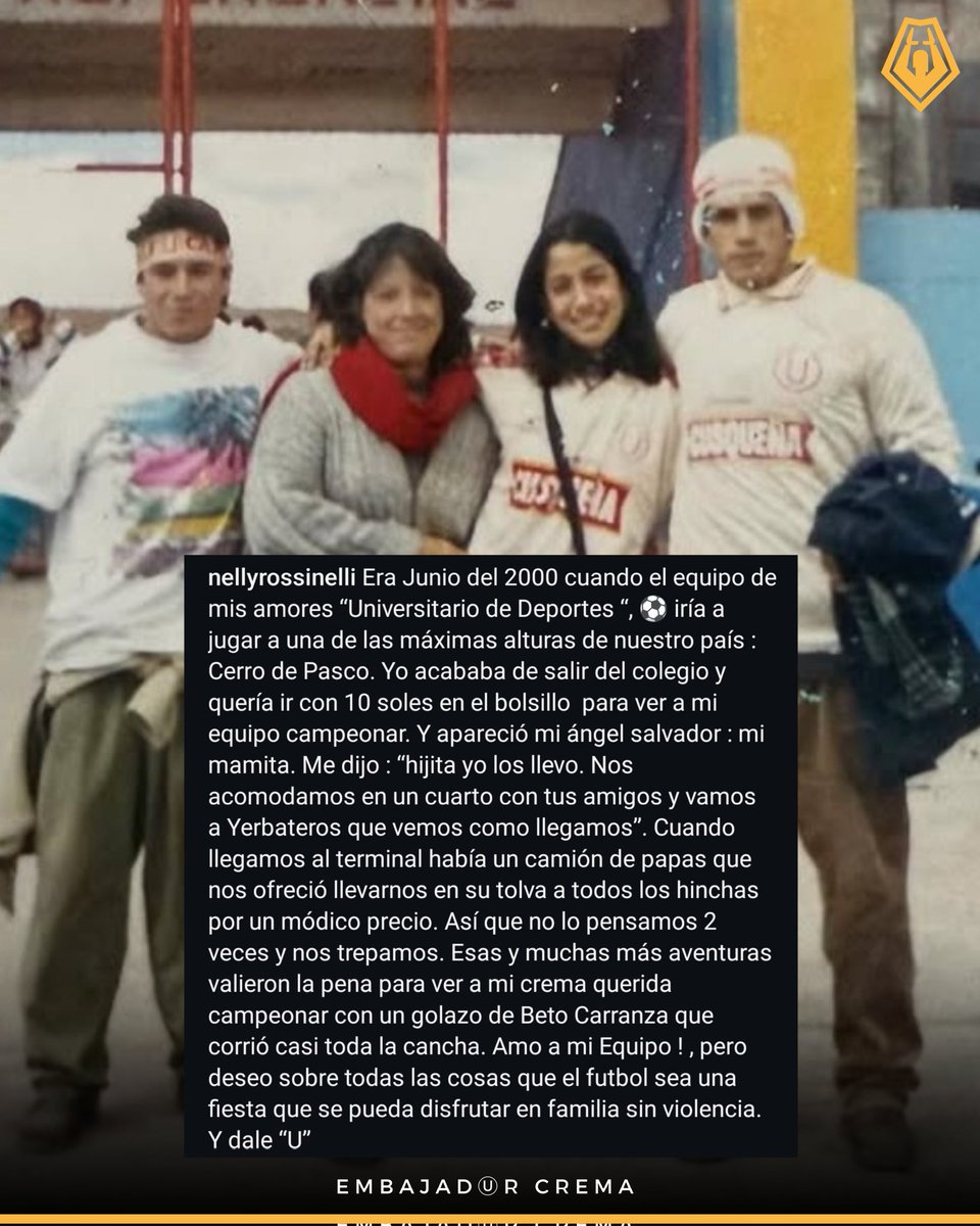 EmbajadⓊr Crema (@embajadurcrema) on Twitter photo Tremenda historia la de <a href="/NellyRossinelli/">Nelly Rossinelli</a> que refleja la experiencia de muchos que, en algún momento, hemos hecho grandes esfuerzos para viajar al interior del país y apoyar a Universitario. 👏 Tremenda historia la de <a href="/NellyRossinelli/">Nelly Rossinelli</a> que refleja la experiencia de muchos que, en algún momento, hemos hecho grandes esfuerzos para viajar al interior del país y apoyar a Universitario. 👏