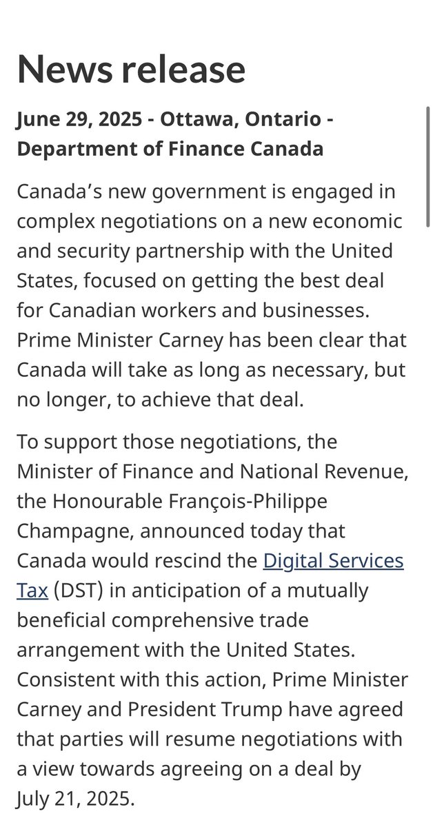 stephanie_ha's tweet image. NEW: Canada rescinds the Digital Services Tax two days after U.S. President Donald Trump said he was ending trade talks over the tax. PM Carney and Trump will now resume negotiations, with an aim to reach a deal by July 21. #cdnpoli