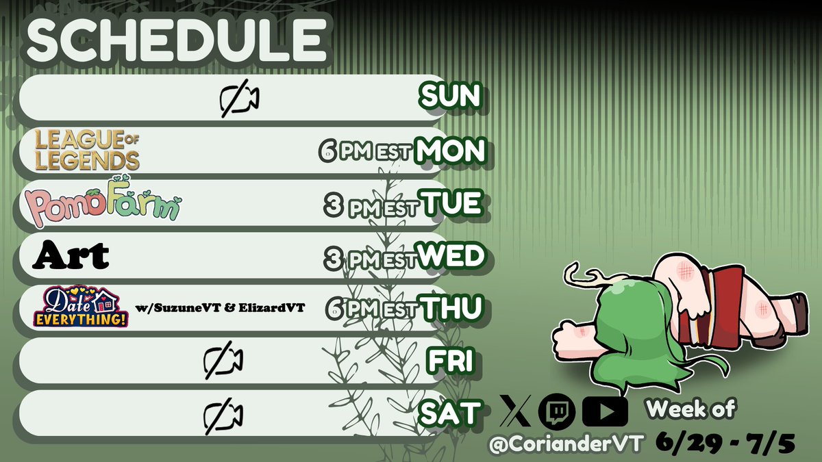 CorianderVT's tweet image. Basically the same thing as last week, art fight starts this month so art streams will actually have some structure  Excited to hang with @SuzuneVT  and @ElizardVT  again, finally get to mess wi- I mean hang out with Eliza