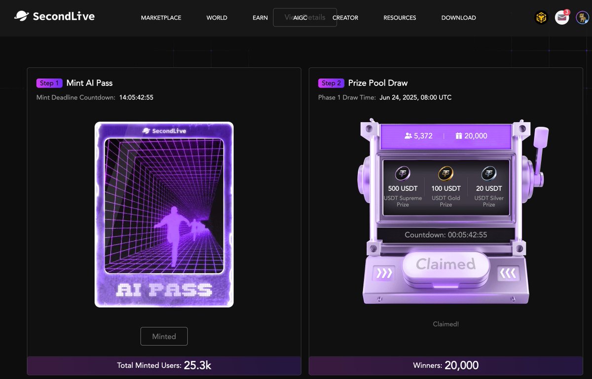 🎯 Heads-up, SecondLive AI Metaworld explorers!

Already minted your AI Pass NFT and joined Round 1? ‼️ That address isn’t eligible for Round 2.

✅ Please use another wallet to mint a new AI Pass NFT if you’d like to join again. secondlive.world/lucky

⏰ Round 2 starts July 1,