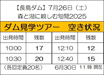 mlit_nagashima's tweet image. 7月26日(土)開催の #森と湖に親しむ旬間2025 イベントの空き状況です。ぜひご予約ください!
イベント・お申し込みの詳細はこちら→cbr.mlit.go.jp/nagashima/chii…
#長島ダム #水しごと