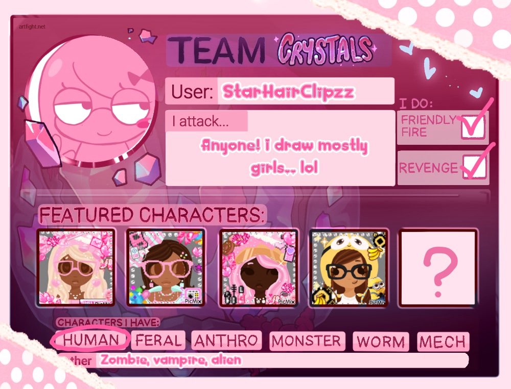 StarHairClipzz's tweet image. Yayy artifight card, team crystalalala 🔮💎 .𖥔 ݁ ˖ ♡(◕ᗜ◕✿)
artfight.net/~starhairclipzz