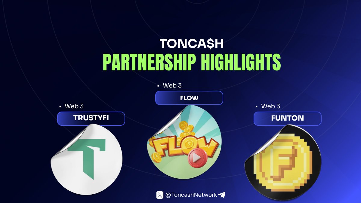 🤝 Partnership Announcement

This week, TONCA$H is excited to bring <a href="/cirque_games/">Cirque Games</a> - Flow, <a href="/funton_ai/">Funton.ai</a> , and <a href="/trusty_fi/">TrustyFi</a> into our expanding ecosystem! 🚀

More details: t.me/toncashnetwork…

#CryptoCashback #TONCASH #Cashback