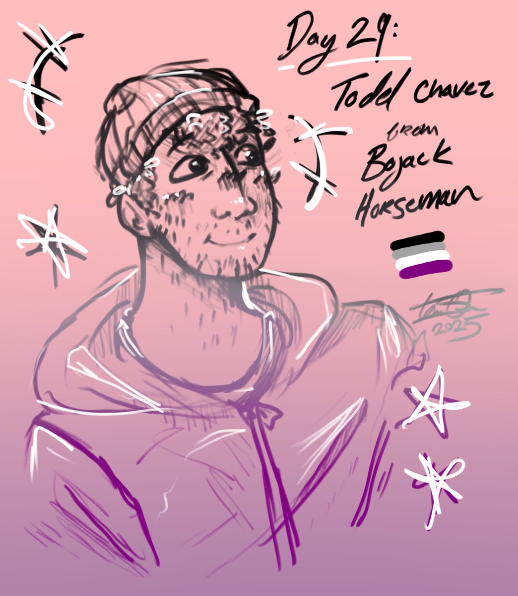 spomsart's tweet photo. Wonky Todd drawing to celebrate asexual pride today 🖤🩶🤍💜 
☆ 
#HappyPrideMonth #HappyPrideMonth2025 #LGBTQArtist #ArtistOnTwitter #bojackfanart #bojackhorseman #toddchavez https://t.co/AVZsbPzk5I