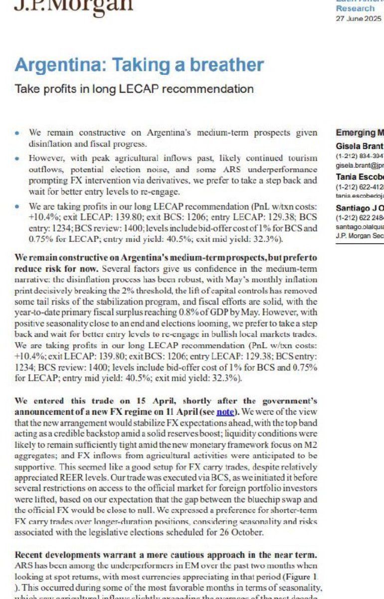 J P Morgan 
Carry Trade: Vendan y Tomen ganancias
