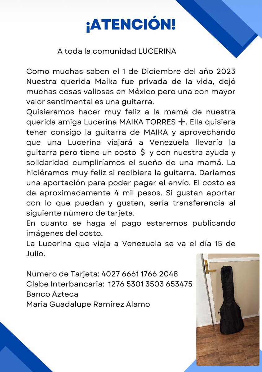 Hola buenas noches a toda la comunidad Lucerina !!!!!!!
Apoyarían con RT . 
Agradecemos su cariño y comprensión .