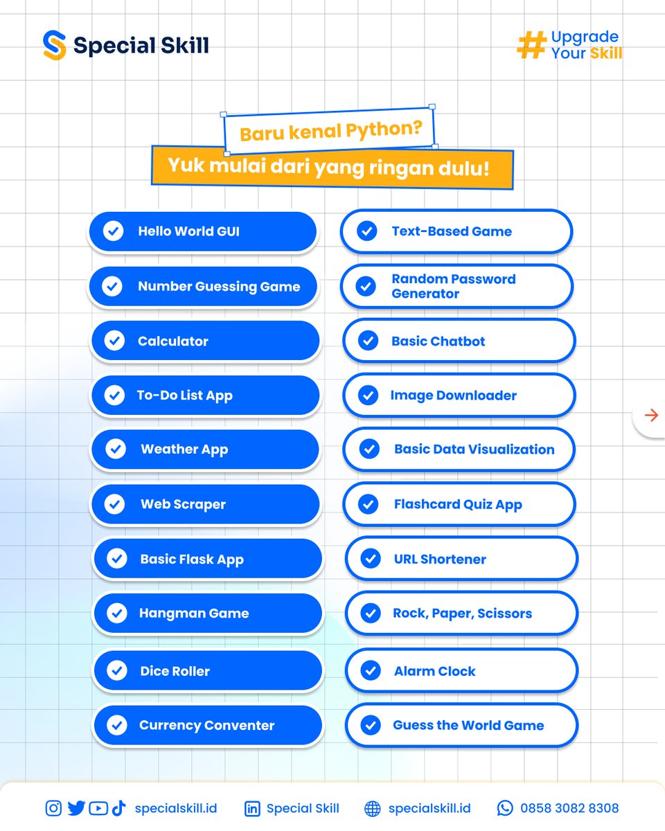 specialskillid's tweet image. Suka ngoding tapi bingung mau ngoding apa?🤔
Tenang! Ada 60 ide project Python yang bisa kamu coba! Mulai dari yang gampang sampe yang advanced!🔥
🔗 Daftar sekarang di:
to.specialskill.id/free-class-pyt…
#freeclasspython #belajarpython #pythonprogramming #kelasngoding #specialskill