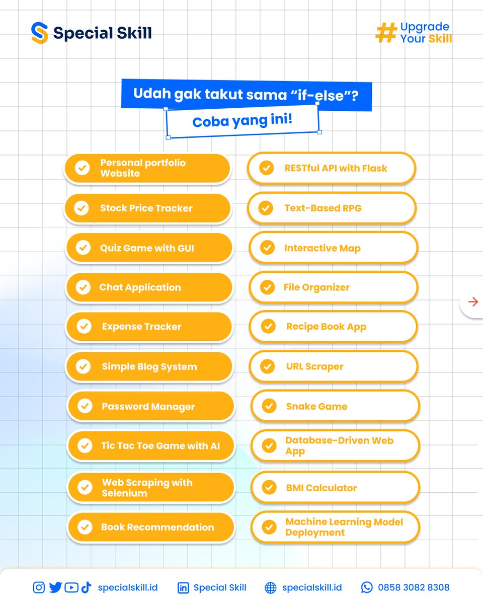 specialskillid's tweet image. Suka ngoding tapi bingung mau ngoding apa?🤔
Tenang! Ada 60 ide project Python yang bisa kamu coba! Mulai dari yang gampang sampe yang advanced!🔥
🔗 Daftar sekarang di:
to.specialskill.id/free-class-pyt…
#freeclasspython #belajarpython #pythonprogramming #kelasngoding #specialskill