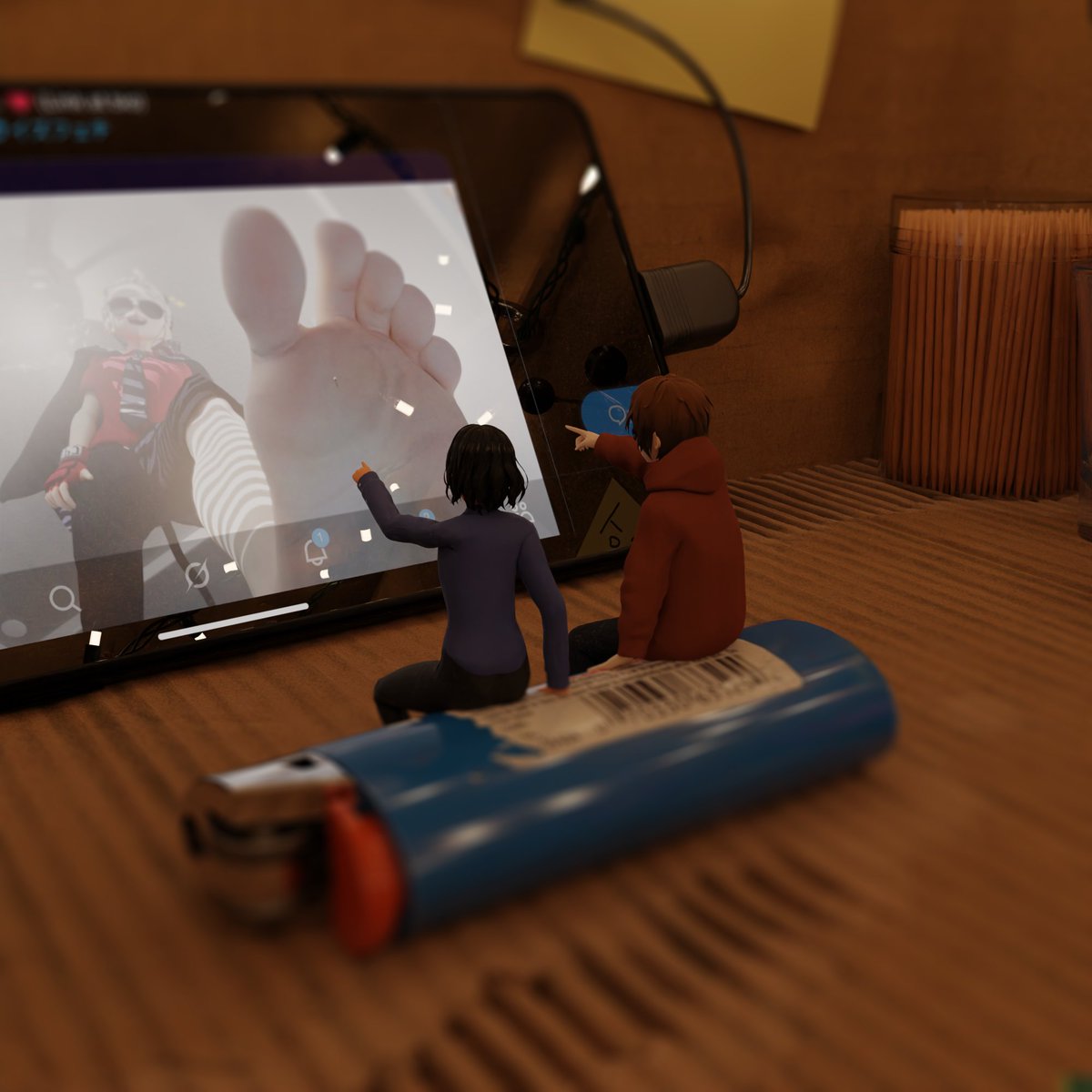 Happy birthday to my buddy <a href="/ShackArtist69/">DannyArts</a>. Wanted to do a little render of us chilling in the comfy cardboard box I made a while ago. And yes, it's true, I'm unfortunately not actually pink. Also art on the phone screen is from <a href="/SizeTaker/">SizeTaker - Kai</a>.