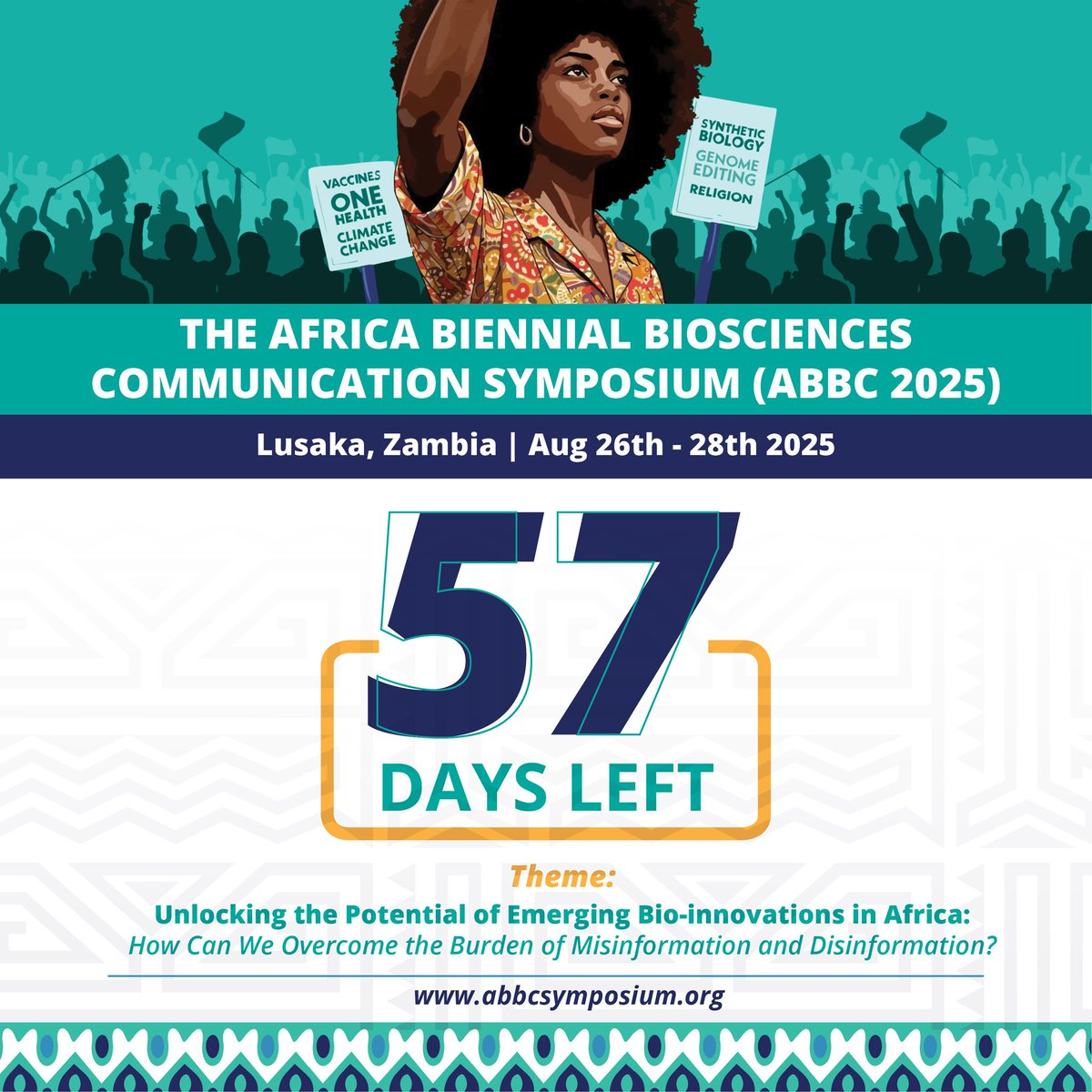 afri_isaaa's tweet image. The COUNTDOWN ⌚ is now ON!!!
The Africa Biennial Biosciences Communication (ABBC 2025) will be happening in JUST 57 DAYS.
This premier symposium, which will be held in Lusaka, Zambia 🇿🇲, between August 26 and 28 🗓️, will aim to answer quite a daunting question: How can we…