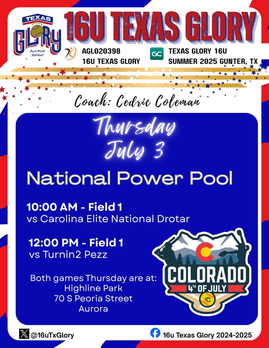 Vivian McKernan (@vivianmckernan) on Twitter photo Finished patriot games placing 5th in the championship bracket. Tomorrow we have an org workout, followed by the Super Cup Finals the next day, then we get into the National Power Pool of the Colorado Fireworks! Hope to see you at the fields! <a href="/cedricc07734293/">Cedric Coleman</a> <a href="/16uTxGlory/">16u Texas Glory</a> Finished patriot games placing 5th in the championship bracket. Tomorrow we have an org workout, followed by the Super Cup Finals the next day, then we get into the National Power Pool of the Colorado Fireworks! Hope to see you at the fields! <a href="/cedricc07734293/">Cedric Coleman</a> <a href="/16uTxGlory/">16u Texas Glory</a>