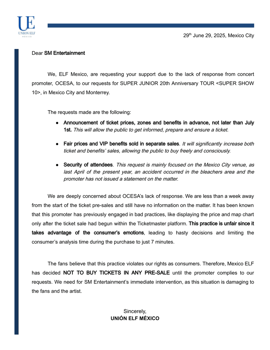 MxUnion_ELF's tweet photo. Es momento de pedir la intervención de SM Entertaiment.

ELF México exige la respuesta de la promotora Ocesa para el día 1 de Julio, de lo contrario el fandom se abstendrá de comprar.

Necesitamos tu apoyo para hacer llegar nuestras exigencias a SM.

Envía este comunicado al correo 📨 help@smtown.com

Asunto: Help to ELF Mexico - SS10

Ayúdanos a difundir.

SIN PRECIOS NO COMPRAMOS
#OcesaAnunciaPreciosSS10
@SMTOWNGLOBAL @SJofficial