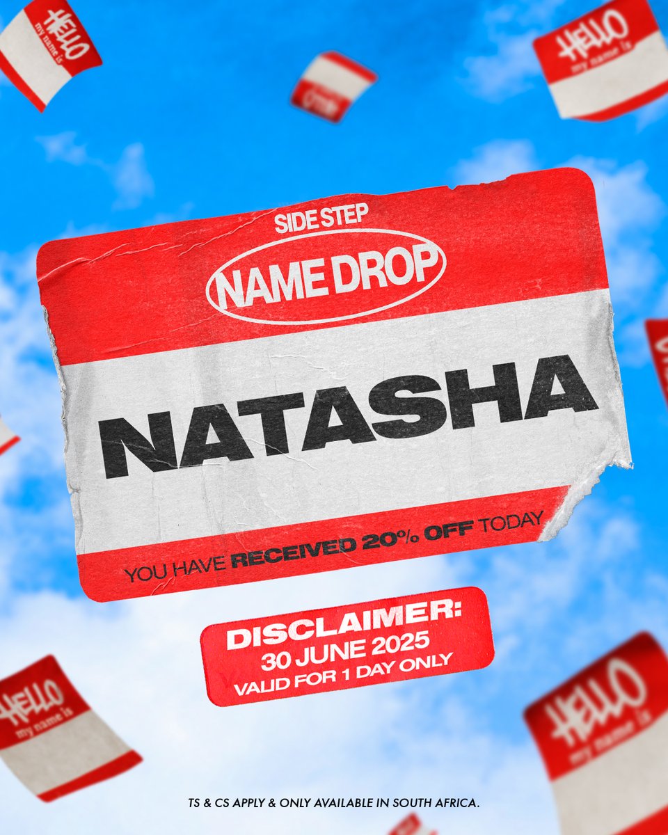 sidestep_SA's tweet image. ✨ NATASHA! Get ready to shine 🌟
Pull up to Side Step TODAY with your ID for 20% OFF one sneaker!
Don’t sleep — this deal is for you, Natasha 💃
Ts & Cs apply.
#SideStepNameDrop
