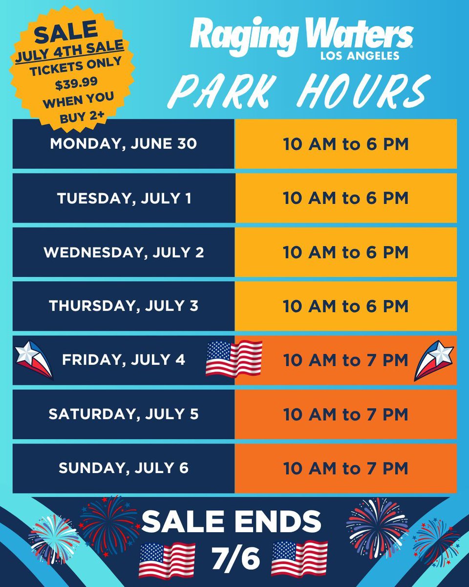 ☀️ Celebrate summer’s biggest holiday at Raging Waters! 🎇 Save 45%+ on tickets when you buy 2+ and visit any day thru 8/17. Don’t miss the biggest splash of the season—offer ends soon! 🎟️ buff.ly/OiOZyIA #ragingwatersla #fourthofjuly