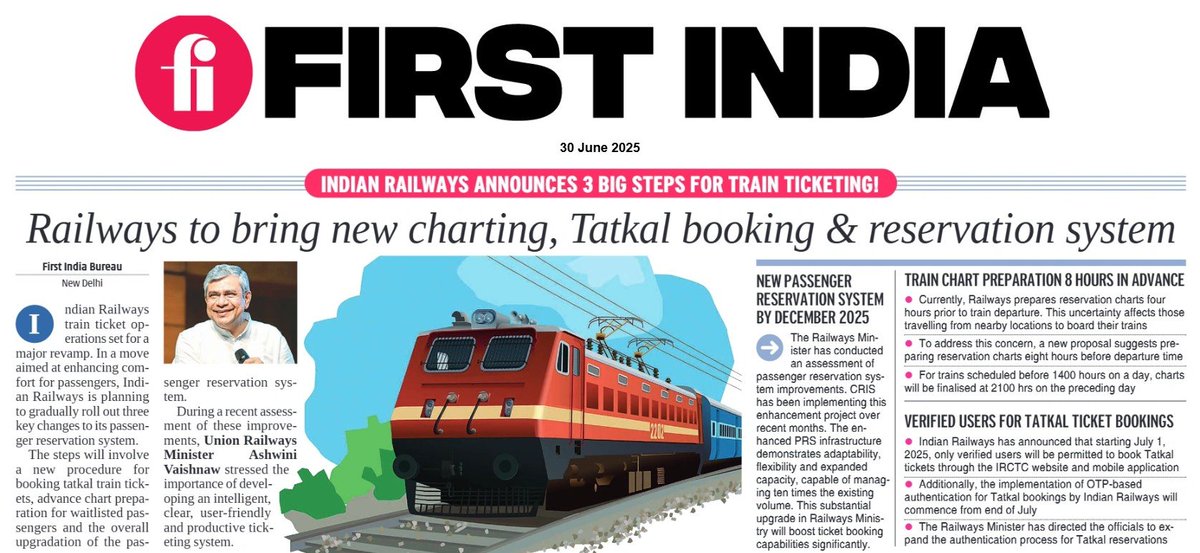 thefirstindia's tweet photo. Railways to bring new charting, Tatkal booking & reservation system
More: https://t.co/oDqpLPGm9A
#FirstIndia #PowerCorridors #NewsUpdate #IndianRailways #RailwayUpgrade #AshwiniVaishnaw #TatkalBooking #ReservationSystem #PassengerComfort #TrainTravelIndia
@AshwiniVaishnaw https://t.co/6YWz3U1wcD