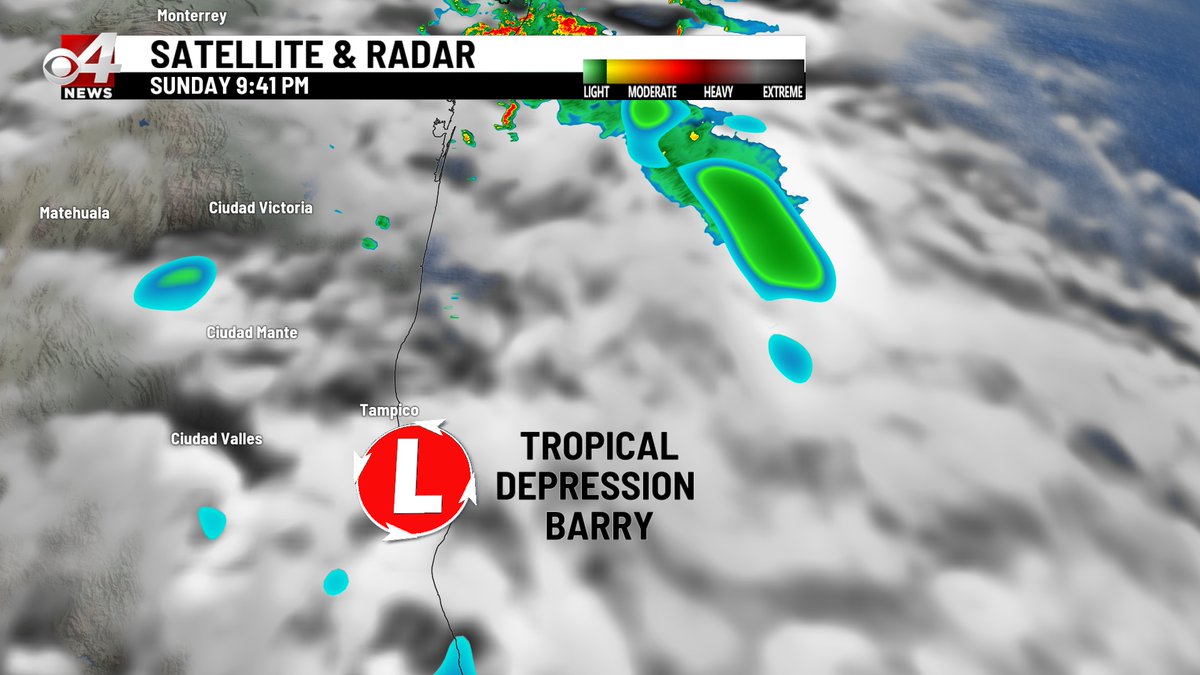 BryanHaleCBS4's tweet image. Tropical Storm Barry is now Tropical Depression Barry, degraded with winds around 35 mph. Barry, what's left of it, will continue to push rain our way overnight through Tuesday.
#rgv #rgvwx #txwx