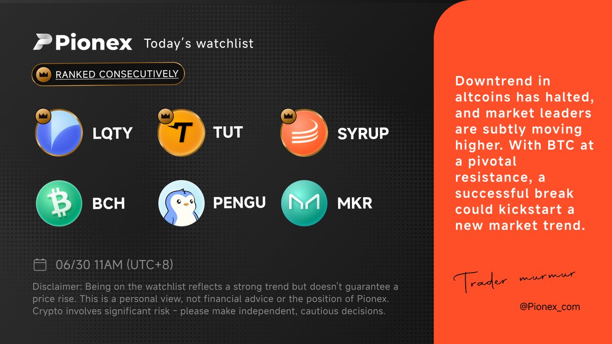 📅 6/30 Watchlist
🏯 $LQTY, $TUT, $SYRUP, $BCH, $PENGU, $MKR on our radar today!

💡Friendly Reminder:
The selected coins aren't guaranteed to rise — they just show stronger upward momentum and lower downside risk.

#LQTY #TUT #SYRUP #BCH #PENGU #MKR #Pionex