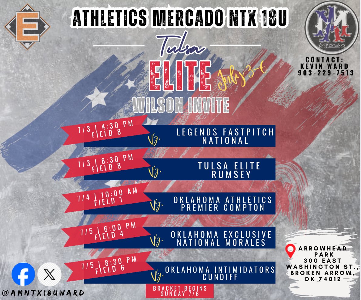 Athletics Mercado NTX 18U (@amntx18uward) on Twitter photo Headed up to Broken Arrow, OK later this week for the Tulsa Elite Wilson Invite! Let’s do this ladies!! <a href="/TulsaElite/">Tulsa Elite Sports</a> <a href="/athleticmercado/">AthleticsMercado</a> Headed up to Broken Arrow, OK later this week for the Tulsa Elite Wilson Invite! Let’s do this ladies!! <a href="/TulsaElite/">Tulsa Elite Sports</a> <a href="/athleticmercado/">AthleticsMercado</a>