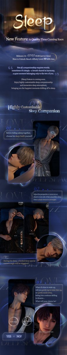Love_Deepspace's tweet image. Sometimes company is just a breath shared in harmony, a quiet moment belonging only to the two of you.
A brand-new [Sleep] feature is coming in Ver. 4.0. Plus, all features in [Quality Time] will come with the [AR Mode]!

💤[Sleep] Feature
In the hush of night, lulled by his