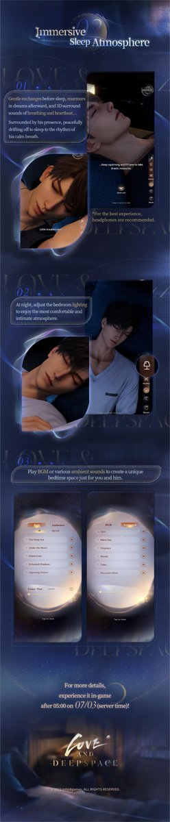 Love_Deepspace's tweet image. Sometimes company is just a breath shared in harmony, a quiet moment belonging only to the two of you.
A brand-new [Sleep] feature is coming in Ver. 4.0. Plus, all features in [Quality Time] will come with the [AR Mode]!

💤[Sleep] Feature
In the hush of night, lulled by his