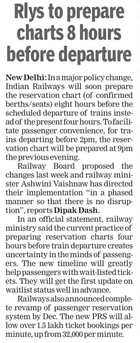 Railways to prepare reservation charts 8 hours before departure of trains.