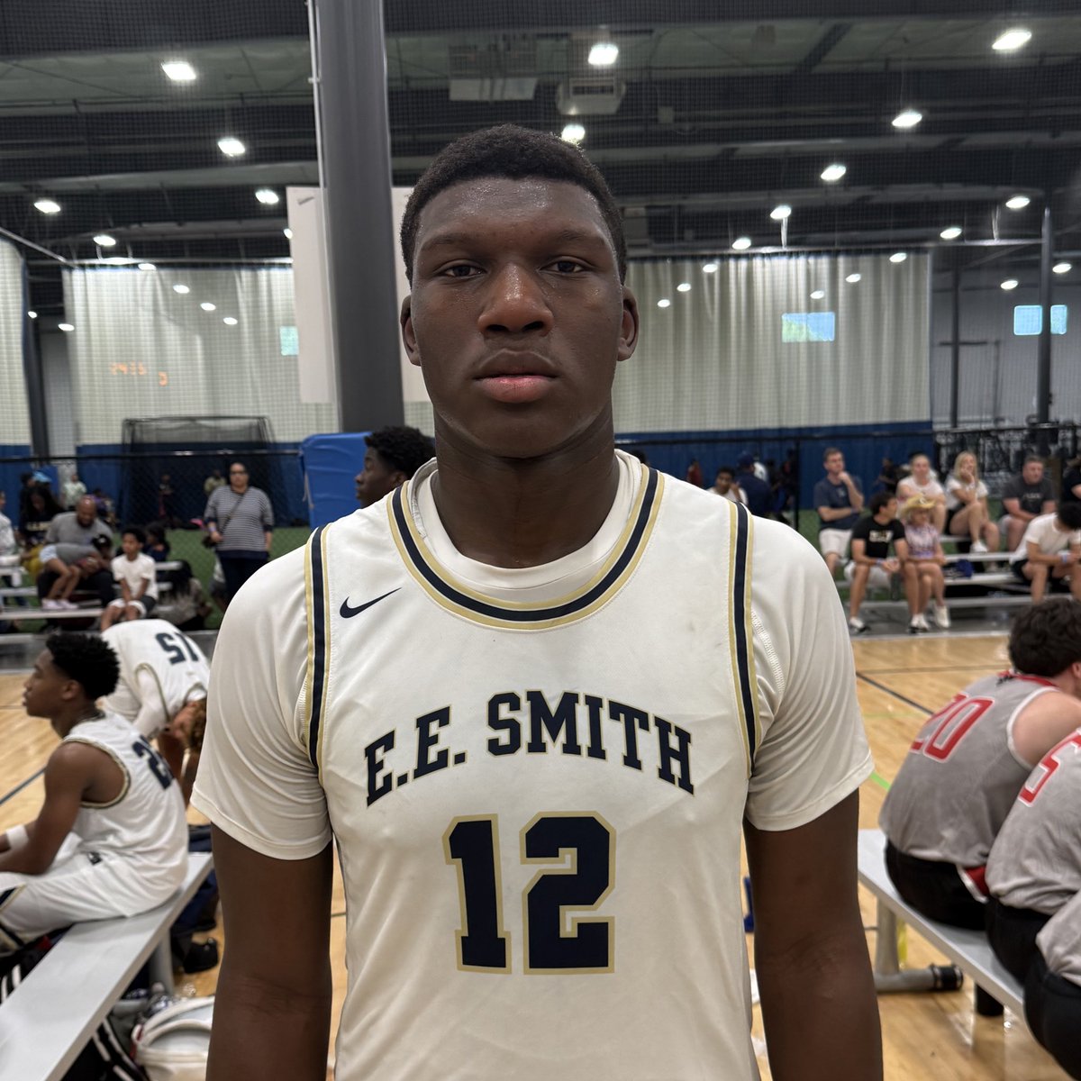 2028 Marcus McDuffie (E.E Smith) is a powerful, skilled forward that challenges opposing defenses with his low-post footwork and touch. Notable touch around the block, sound mechanics in his shot, and a special motor. Never stopped attacking his defender(s).
