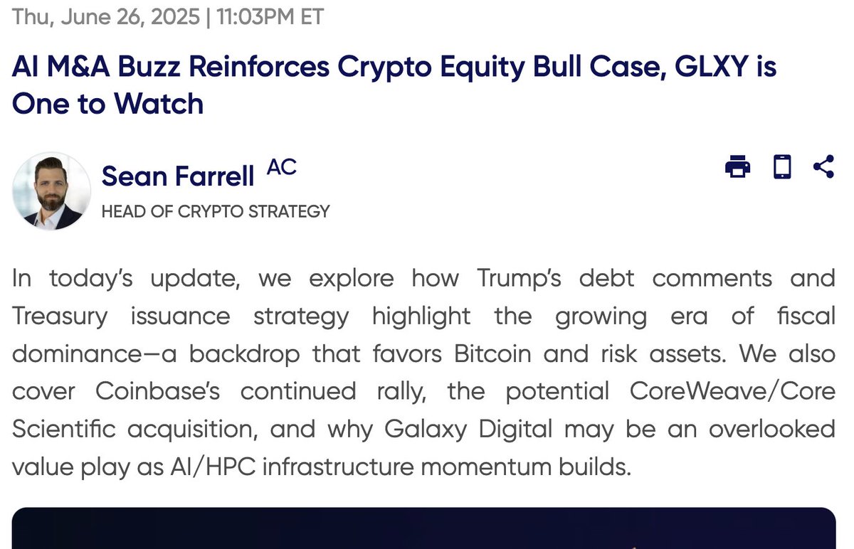 Tom Lee 的ETF 可能已經動手，$GLXY 投資人準備跟上？ 據Fundstrat 的分析師@fundstrat 在公開貼文中$GLXY  ，並在其研究網站上進一步標註這家公司， $GLXY 已被納入