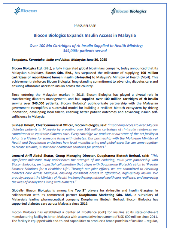 IndianStockEco's tweet image. 🚨Biocon:
👉#BioconBiologics Expands Insulin Access in #Malaysia Over 100 Mn Cartridges of rh-Insulin Supplied to Health Ministry; 345,000+ patients served
#Biocon #StockToWatch #StockMarketIndia