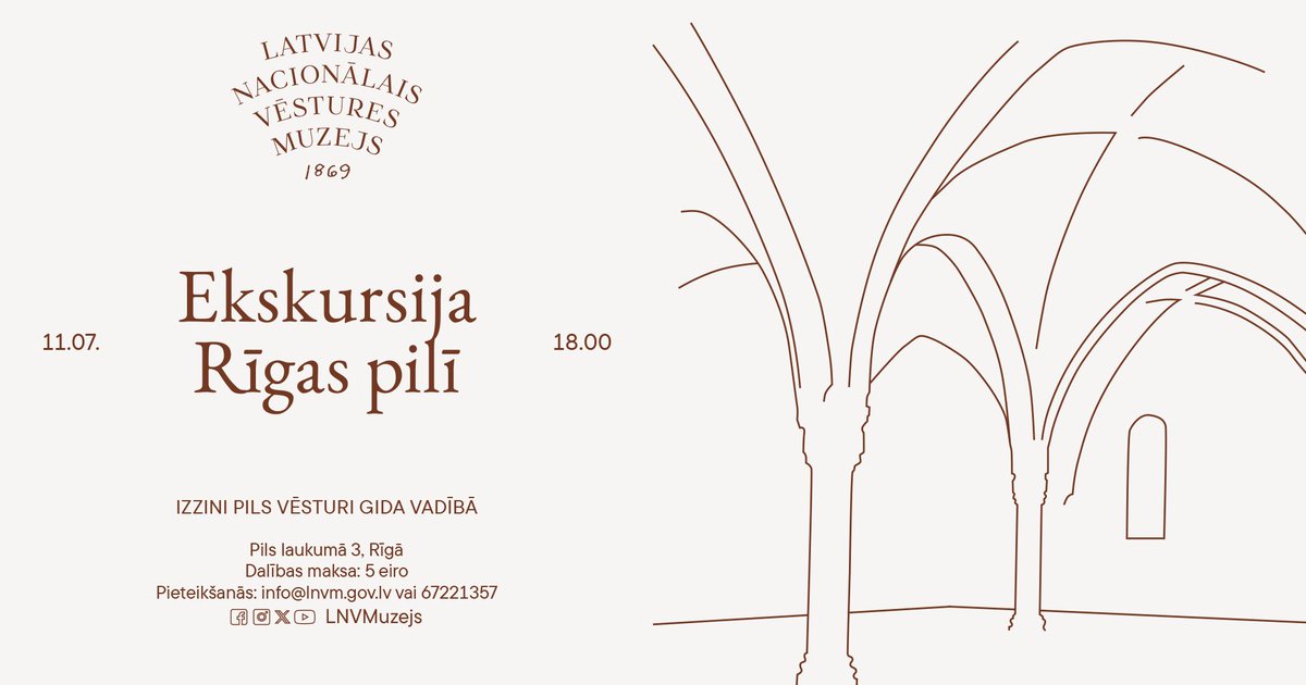 LNVM (@lnvmuzejs) on Twitter photo 11. jūlijā 18.00 muzejs aicina uz ekskursiju “Izzini Rīgas pils vēsturi gida vadībā”! Ekskursijas maršruts vedīs cauri visiem pieciem pils stāviem, un tajā varēs uzzināt par pils vēsturi un iemītniekiem. Ieeja no Daugavas gātes, pieteikšanās: info@lnvm.gov.lv vai 67221357. 11. jūlijā 18.00 muzejs aicina uz ekskursiju “Izzini Rīgas pils vēsturi gida vadībā”! Ekskursijas maršruts vedīs cauri visiem pieciem pils stāviem, un tajā varēs uzzināt par pils vēsturi un iemītniekiem. Ieeja no Daugavas gātes, pieteikšanās: info@lnvm.gov.lv vai 67221357.