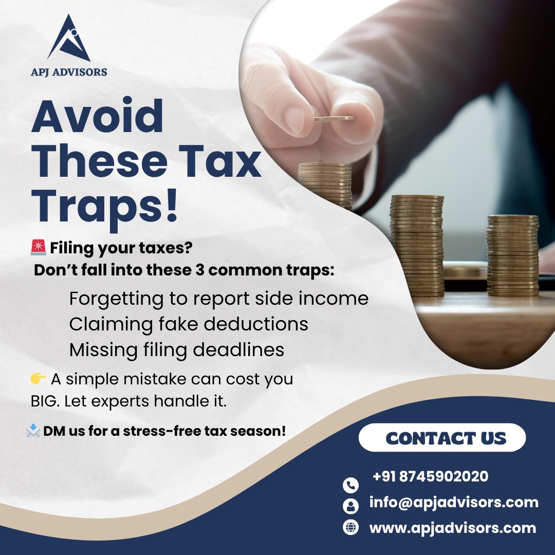 apjadvisors's tweet image. ⚠️ Avoid These Tax Traps – File Smart with APJ Advisors
Don’t let simple mistakes cost you big. Stay aware, stay compliant! 

✅ Expert Review
✅ Error-Free Filings
✅ Max Refund, Minimum Risk

📞 +91 8745902020 | +91 8899101122
🌐 apjadvisors.com

#TaxTraps #AvoidTax