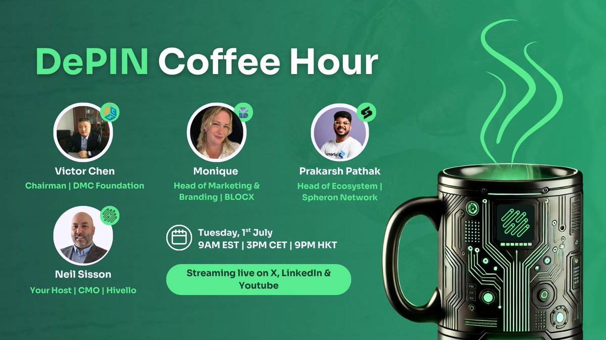 Hivello Official (@hivelloofficial) on Twitter photo From real talk to real impact... DePIN Coffee Hours is where we meet, learn, and share. π€©
ποΈ Meet our guests for Episode 17:
πΈ <a href="/VictorWeiChen/">Victor Chen</a> from <a href="/datamallcoin/">DMC Foundation</a>
πΈ <a href="/MoniqueGalaxy/">Monique π</a> from <a href="/BLOCX_TECH/">BLOCX. (Official)</a>
πΈ <a href="/blockchainbalak/">Prakarsh | Blockchain Balak</a> from <a href="/SpheronFDN/">Spheron Network</a>
πΈ Host <a href="/neilsisson/">Neil S ππ π</a> from <a href="/HivelloOfficial/">Hivello Official</a> From real talk to real impact... DePIN Coffee Hours is where we meet, learn, and share. π€©
ποΈ Meet our guests for Episode 17:
πΈ <a href="/VictorWeiChen/">Victor Chen</a> from <a href="/datamallcoin/">DMC Foundation</a>
πΈ <a href="/MoniqueGalaxy/">Monique π</a> from <a href="/BLOCX_TECH/">BLOCX. (Official)</a>
πΈ <a href="/blockchainbalak/">Prakarsh | Blockchain Balak</a> from <a href="/SpheronFDN/">Spheron Network</a>
πΈ Host <a href="/neilsisson/">Neil S ππ π</a> from <a href="/HivelloOfficial/">Hivello Official</a>