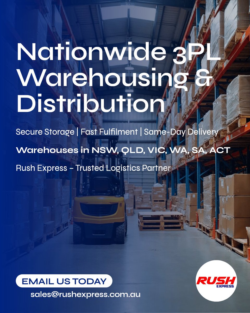 Rushexpres's tweet image. Need scalable warehousing &amp;amp; national distribution?
Rush Express offers expert 3PL services incl. storage, pick &amp;amp; pack, fulfilment &amp;amp; same-day delivery.
📍 Warehouses in NSW, QLD, VIC, WA, SA, ACT
📧 sales@rushexpress.com.au
🌐 rushexpress.com.au 
#3PLLogistics #Nationwide