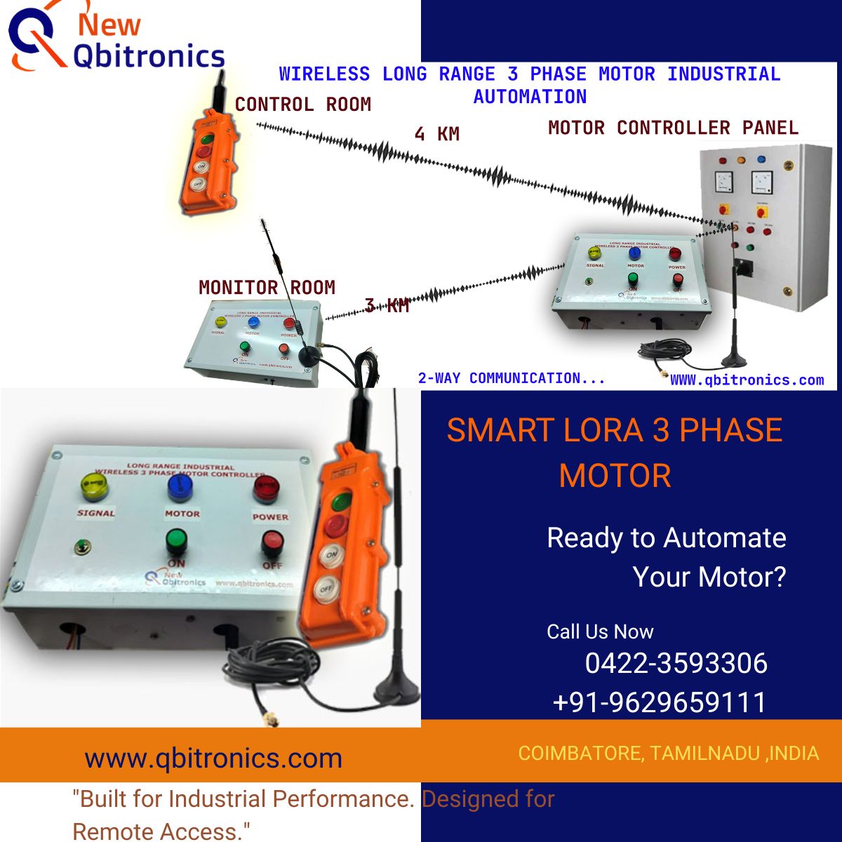 Qbitronl's tweet image. ⚙️ Wireless Industrial Automation!
Control 3-phase motors up to 30A with Smart LoRa Controller—no SIM, no WiFi.
Range: Up to 4km
Ideal for pumps, machines, and control panels.
#LoRaTech #IndustrialAutomation #NewQbitronics