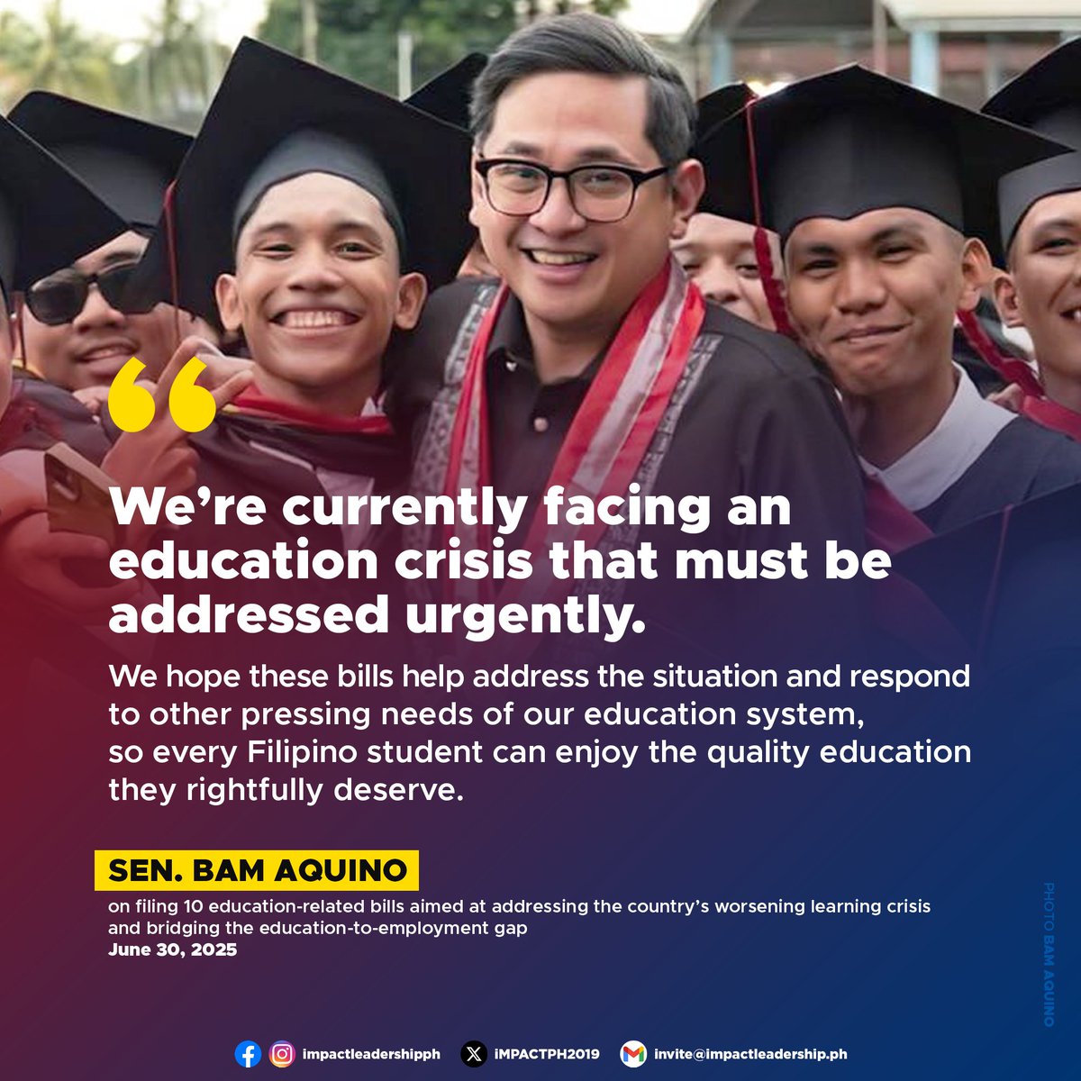 iMPACTPH2019's tweet image. BAM FILES 10 EDUCATION BILLS TO ADDRESS LEARNING CRISIS

Sen. Bam Aquino marked the first day of the 20th Congress by filing 10 education-related bills aimed at addressing the country's worsening learning crisis and bridging the education-to-employment gap.

"We're currently
