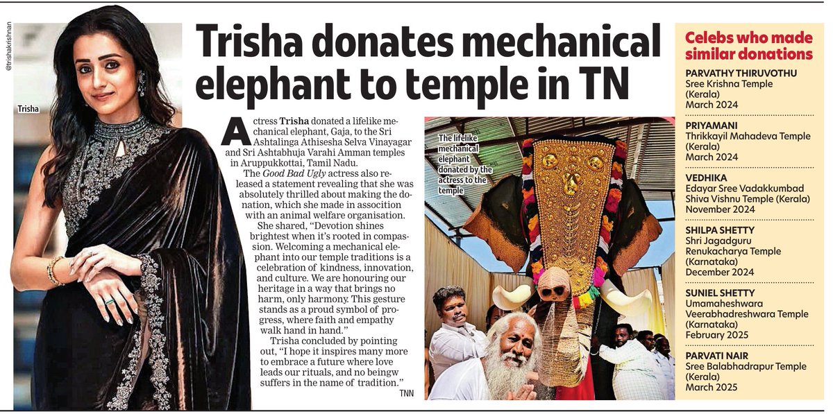#Trisha donates mechanical elephant to temple in Tamil Nadu

<a href="/trishtrashers/">Trish</a>