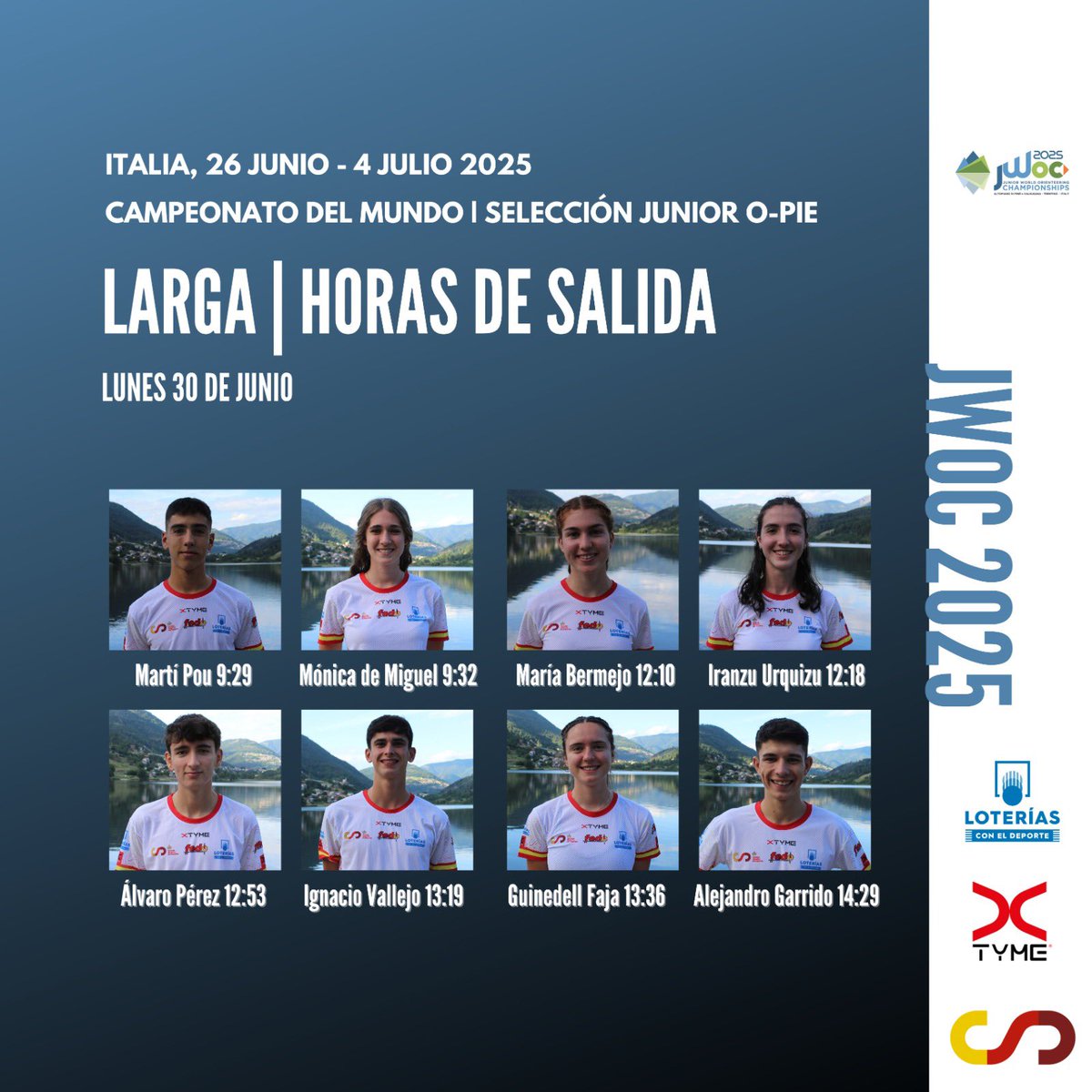 🗺️ ¡Nuestro #TeamSpainJWOC se enfrenta este lunes a la distancia larga del Campeonato del Mundo!

⏰Repasa las horas de salida de nuestra Selección Junior

🔗Sigue la prueba | TV + resultados + GPS en: jwoc2025.it/en/live-center…

🤝🏼Con el apoyo de XTYME y #LoteriasyApuestasdelEstado