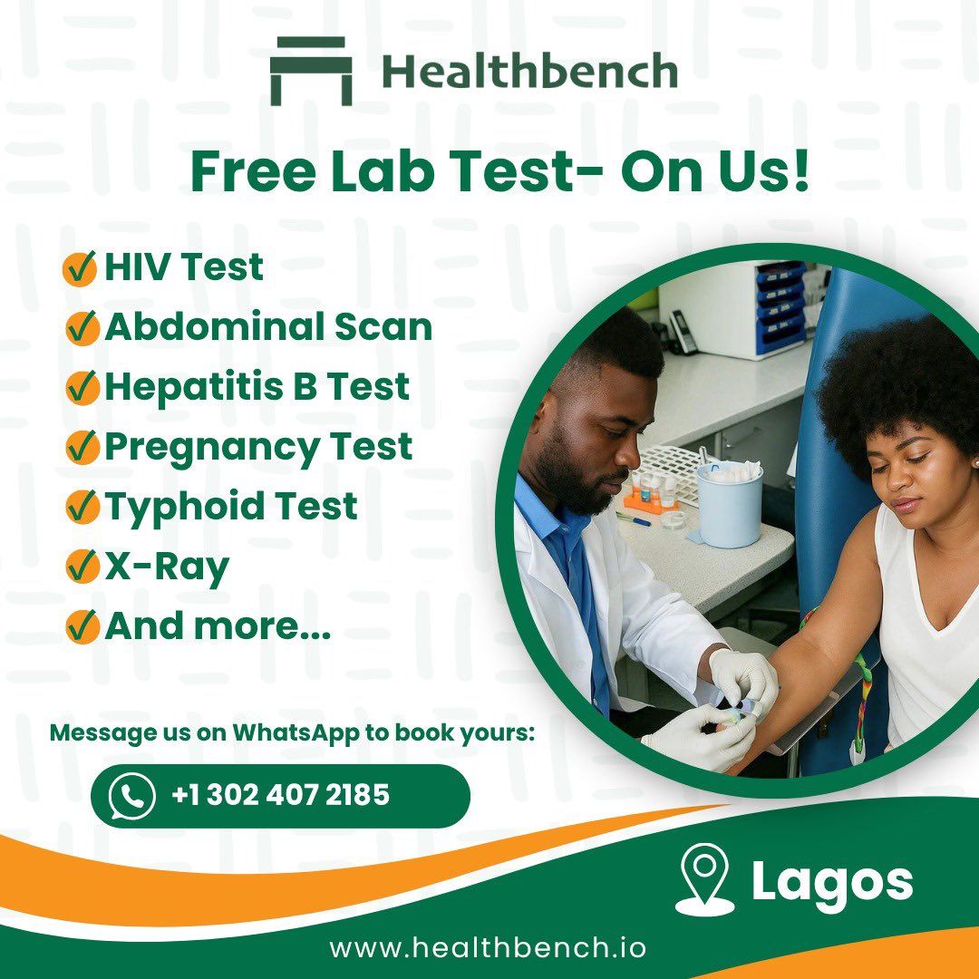 healthbench_io's tweet photo. Get FREE lab tests, cost on us. From HIV and Hepatitis B tests to X-rays and more. Take charge of your well-being today.
📍 Location: Lagos
Limited slots available, book on WhatsApp now
#FreeLabTests #Healthbench #Lagos #StayHealthy #Freehealthcare #WellnessCheck https://t.co/0zwNVGHF7J